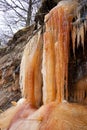 Tall orange icicles on a cliff in winter