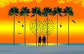 A man and woman holding hands view a tropical beach setting where sea gulls fly in a flock shaped like a heart Royalty Free Stock Photo
