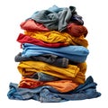 A tall pile of colorful folded clothes on a white background Royalty Free Stock Photo