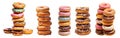 Tall Pile group stack tower of round donut doughnut, with sprinkles nuts topping frosting on transparent cutout, PNG