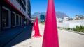 Tall and pink construction cones standing in the Silo District in Cape Town.