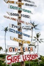 Tall post with colored wooden signboards pointing to various a beach services. Palm trees background