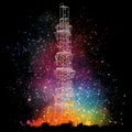 Tall radio tower stands in center of dark, night sky. The sky is painted with vibrant colors and appears to be filled
