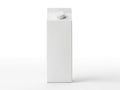 A tall, rectangular, white box with a small, white object inside, standing upright on a white surface Royalty Free Stock Photo