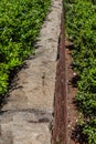 Tall red brick retaining wall with rusticated stone cap Royalty Free Stock Photo