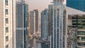Tall residential buildings at JLT aerial timelapse, part of the Dubai multi commodities centre mixed-use district. Royalty Free Stock Photo