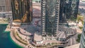 Tall residential buildings at JLT aerial timelapse, part of the Dubai multi commodities centre mixed-use district. Royalty Free Stock Photo