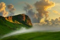 Tall rocky mountains among green meadows and yellow wild flowers and two horses, Icelandic countryside at dawn Royalty Free Stock Photo