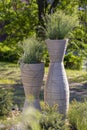 A tall round pot for plants in the garden, with grass growing inside the herb