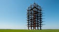 A tall, rust-colored metal structure stands in a vast open field under a clear blue sky. I Royalty Free Stock Photo