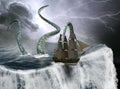 Tall Sailing Ship, World Edge, Sea Monster Royalty Free Stock Photo
