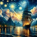 The tall sailing ships in a big sea, night sky, starry sky, fluffy clouds, mountains, painting of Van Gogh, waves Royalty Free Stock Photo