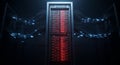 A tall server rack with multiple rows of glowing red LED lights in a dark room, creating a futuristic technological network effect Royalty Free Stock Photo