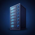 Tall server rack with multiple units, each displaying blue indicator lights, placed Royalty Free Stock Photo