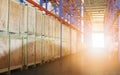 Tall Shelves Storage Warehouse Interior. Cargo Wooden Boxes in Storage. Supply Chain Shipping Warehouse Logistics. Royalty Free Stock Photo