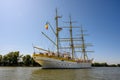 Tall ship on Danube river. Tall ship naval school from Romania Royalty Free Stock Photo