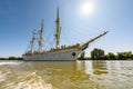 Tall ship on Danube river. Tall ship naval school from Romania Royalty Free Stock Photo