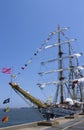 Tall ship decorated with maritime signal flags in New York harbor Royalty Free Stock Photo