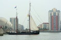 Tall ship. Iris, sailing through Thames flood barrier. London. UK