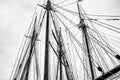 Close up of the ropes, lines, masts and sails of a tall ship Royalty Free Stock Photo