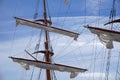 Tall ship mast with rolled sails, sky in background Royalty Free Stock Photo