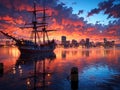 tall ship in modern harbor at sunset Royalty Free Stock Photo