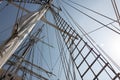 Tall ship rigging and shroud, masts and ropes against a blue sky Royalty Free Stock Photo