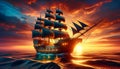 Tall ship sailing on the ocean at sunset Royalty Free Stock Photo