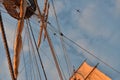 Tall ship sails , airplane and blue  sky Royalty Free Stock Photo