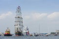 Tall ship the Stad Amsterdam is sailing from IJmuiden to Amsterdam during the big event SAIL.