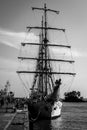 Barquentine ship in black and white