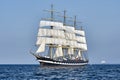 Tall Ship under sail with the shore