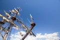 THE TALL SHIPS RACES KOTKA 2017. Kotka, Finland 16.07.2017. Masts of ship Shtandart in the sunlight in the port of Kotka, Finland. Royalty Free Stock Photo