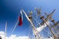 THE TALL SHIPS RACES KOTKA 2017. Kotka, Finland 16.07.2017. Masts of ship Shtandart in the sunlight in the port of Kotka, Finland. Royalty Free Stock Photo