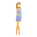 Tall Skinny Girl In Blue Summer Dress, Young Person Street Fashion Look With Mass Market Clothes