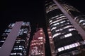 Tall skyscraper buildings at night, low angle view, downtown financial district