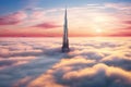 Tall skyscraper over the clouds at sunrise. Generative AI