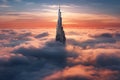 Tall skyscraper over the clouds at sunrise. Generative AI