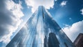 Tall skyscraper reflects modern city life in bright blue sky generated by AI