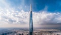 Tall skyscraper reflects modern city life in steel and glass generated by AI