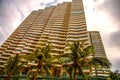 Tall skyscrapers, walkways and beautiful palm trees. Palm trees planted along the road, the tropics Royalty Free Stock Photo