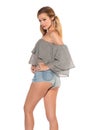 Blonde in blouse and cutoffs Royalty Free Stock Photo