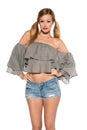 Blonde in blouse and cutoffs Royalty Free Stock Photo