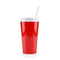 A Tall Red Disposable Cup with a White Lid and Straw on a White Background drink beverage Royalty Free Stock Photo