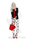 A tall slender girl with long hair in a stylish jacket, trousers and high-heeled shoes. Fashion & Style.