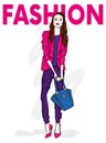 A tall slender girl with long hair in a stylish jacket, trousers and high-heeled shoes. Fashion & Style.