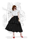 A tall, slender girl in a midi skirt, a blouse, high-heeled shoes and a clutch. Vector illustration. Clothing and accessories.