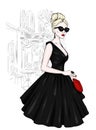 A tall, slender girl in a midi skirt, a blouse, high-heeled shoes and a clutch. Vector illustration. Clothing and accessories.