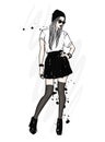 A tall, slender girl in stylish clothes. A girl in a skirt, hat, glasses, stockings and boots with high heels. Fashion & Style.