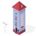 Tall slim house. Isometric blue building, red roof. Funny architecture.